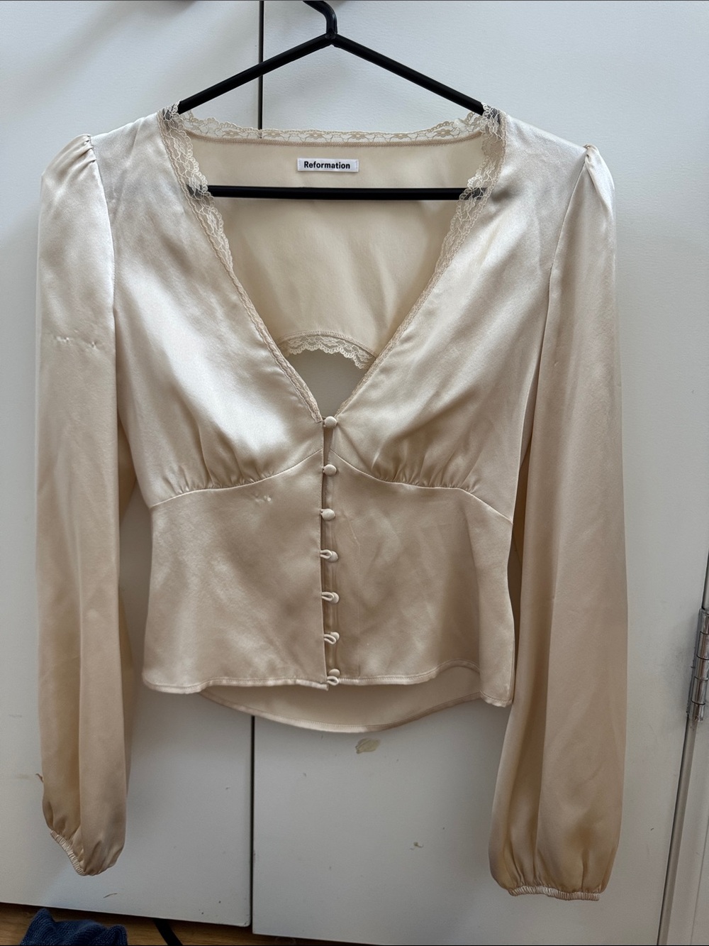 Reformation Cream Satin Open back blouse